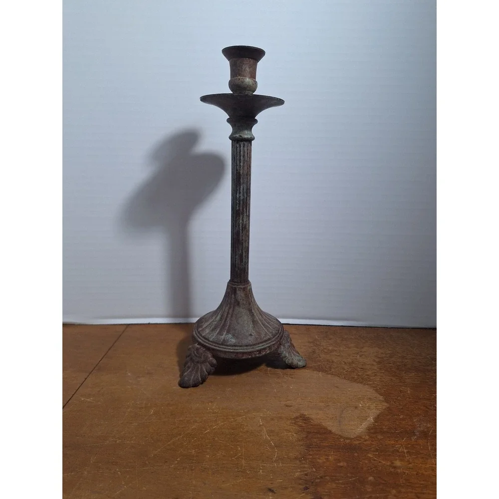 Vintage Verdigris Steel Candlestick Holder Tall Fluted Column Tripod Base India